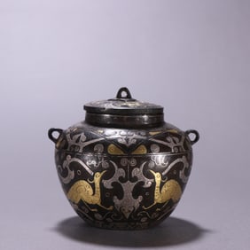 Bronze Gold and Silver Inlaid Carved Phoenix Pattern Lid Pot