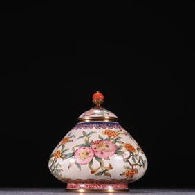 Bronze Enamel Blue Base Flower and Pomegranate Pattern Lid Pot