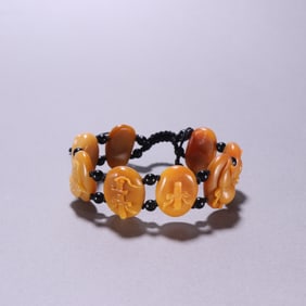 Shoushan Tianhuang Carved Bat and Flower Pattern Bead Bracelet