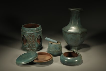 Group of Five Purple Clay Vase and Lid Box & Washer