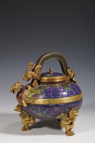 Bronze Cloisonne Carved Beast Face Pattern Bird Shape Handle Pot