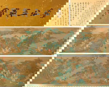 Chinese Drawing Landscape and Character Story Hand Scroll,Wang Zhenpeng Mark