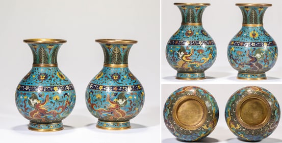 A Pair of Cloisonné Enamel 'Dragon' Vases
