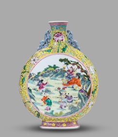 A Famille-Rose Lemon-Yellow-Ground 'Children at Play' Moonflask