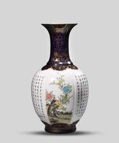 A Famille-Rose 'Flowers, Birds and Poem'  Vase