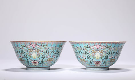 A Pair of Celadon-Ground Famille-Rose 'Bats and Flowers' Bowls