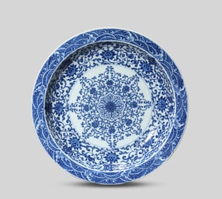 A Blue and White 'Lotus Scroll and Eight Buddhist Emblems' Dish
