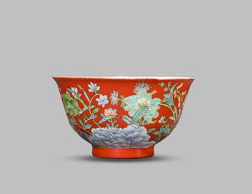 A Coral-Red-Ground Famille-Rose 'Flowers' Bowl