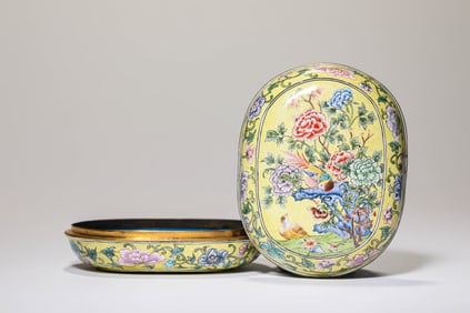 A Painted Enamel 'Flowers and Birds' Covered Box