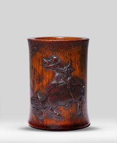 A Bamboo Carved 'Spring Scene' Brush Pot