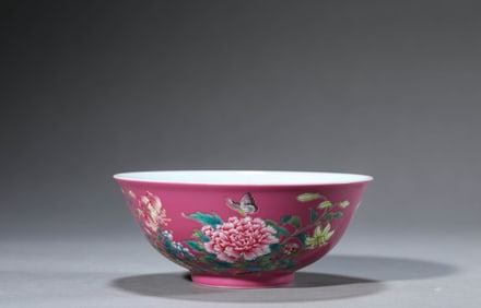 A Famille-Rose Ruby-Red-Ground 'Butterflies and Flowers' Bowl