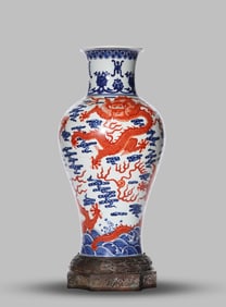 A Blue and White and Underglaze-Red 'Dragon in Waves' Vase