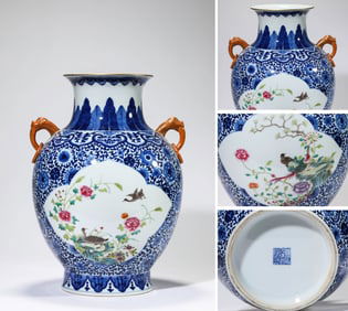 A Blue and White and Famille-Rose 'Flowers and Birds' Vase