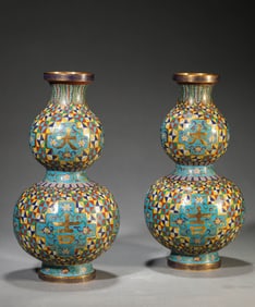 A Pair of Cloisonné Enamel 'Auspicious' Gourd-Shaped Vases