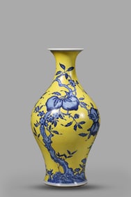 A Yellow-Ground Blue and White 'Bat and Longevity' Vase