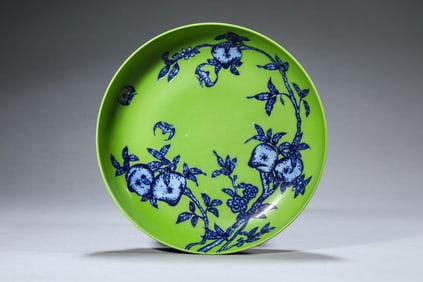 A Green-Glazed Blue and White 'Bat and Longevity' Dish