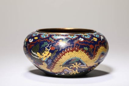 A Cloisonné Enamel 'Dragon in Waves' Bowl