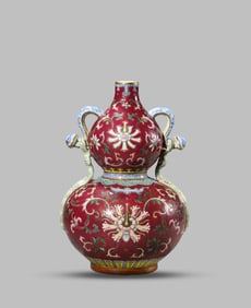 A Ruby-Red-Ground Famille-Rose Gourd-Shaped Vase