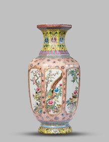 A Famille-Rose 'Flowers and Birds' Hexagonal Vase