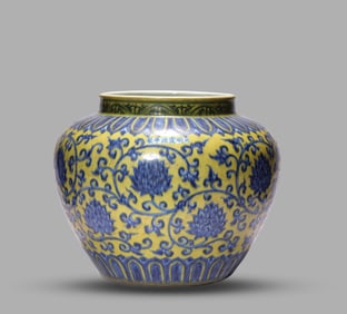 A Yellow-Ground Blue and White 'Floral Scroll' Jar