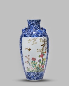 A Blue and White and Famille-Rose 'Magpies on Plum Branches' Vase