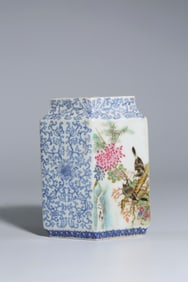 A Blue and White and Famille-Rose 'Flowers and Birds' Vase