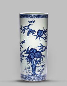 A Blue and White 'Bat and Longevity' Cylindrical Vase