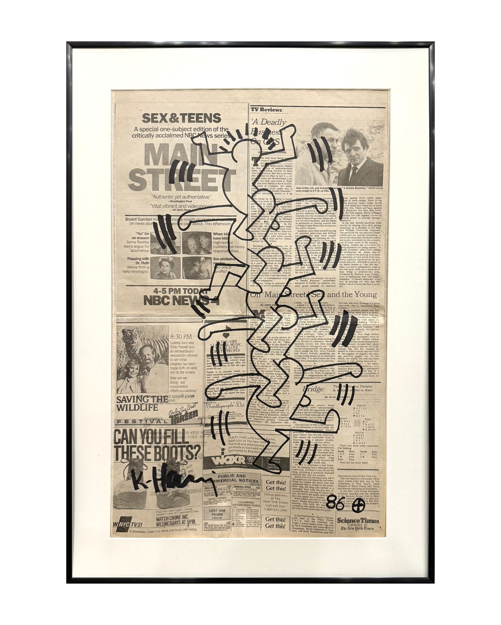 A MARKER GRAFFITI ON NEWSPAPER WITH THE MARK OF KEITH HARING: A MARKER GRAFFITI ON NEWSPAPER WITH THE MARK OF KEITH HARING 55.5*34.5CM