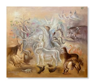 AN OIL PAINTING ON CANVAS WITH THE MARK OF LEONORA CARRINGTON