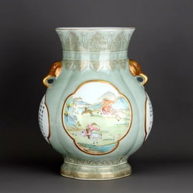 A CELADON FAMILLE ROSE 'HUNTING'VASE