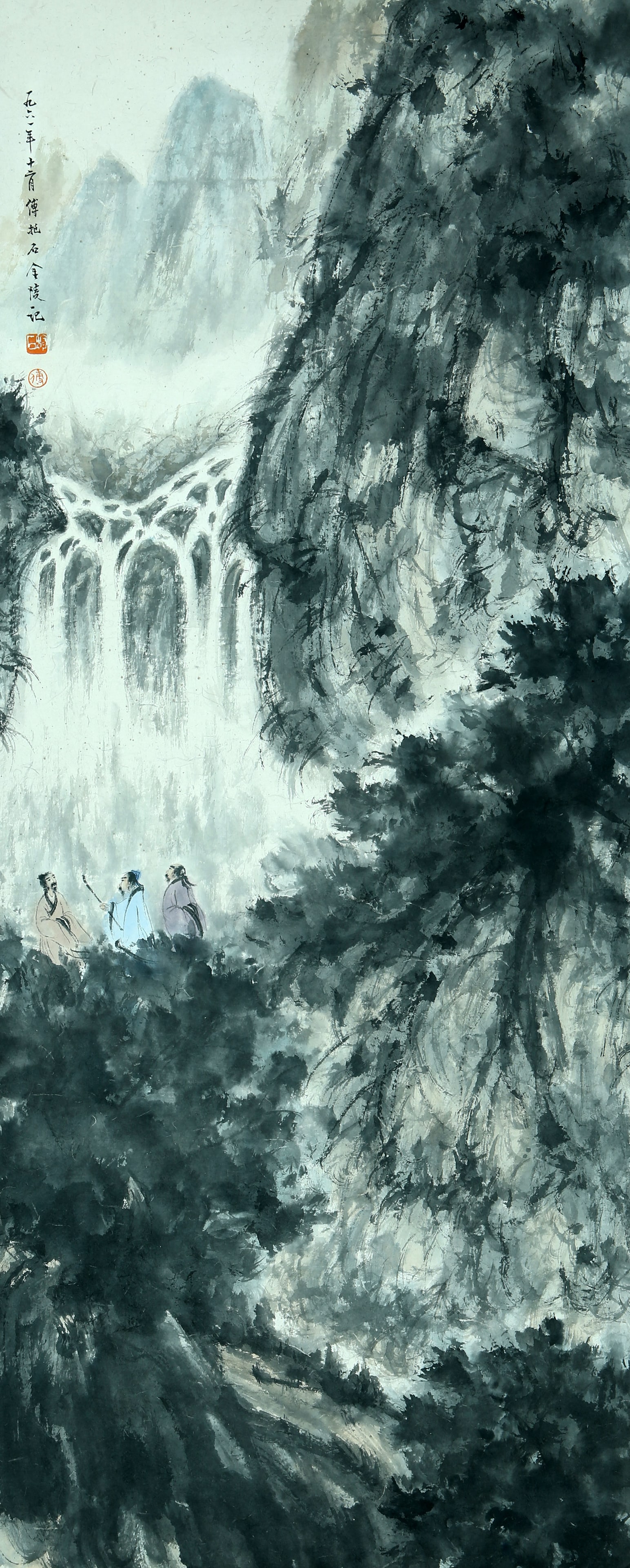 A CHINESE HAND PAINTING WITH THE MARK OF FU BAOSHI: A CHINESE HAND PAINTING WITH THE MARK OF FU BAOSHI 138*55CM