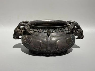 Tang Dynasty Silver Carved Beast Pattern Double Ram Ears Cup