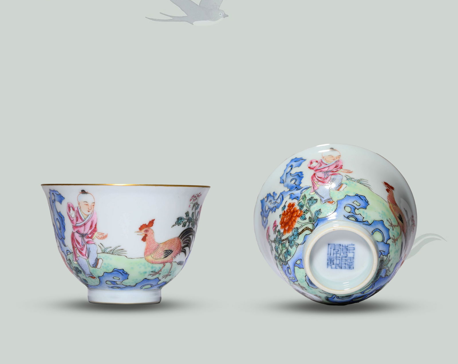 A Pair of Famille-Rose 'Boys' Cups