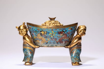 A Cloisonné 'Dragon and Waves' Ingot-Shaped Censer