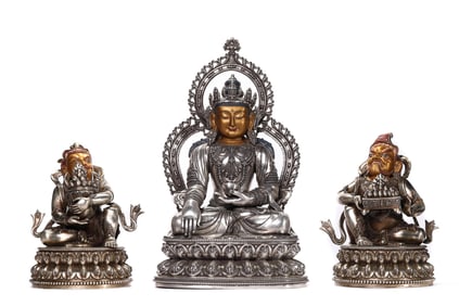 A Tibet Imperial-Style Gold-Crowned Silver Shakyamuni with Wealth Deity