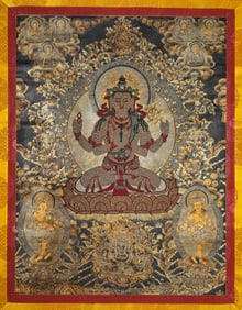 A Tibetan Royal-Temple-Style Pearl Thangka of Four-Armed Avalokiteshvara
