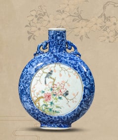 A Blue and White and Famille-Rose 'Reserved-Panel Flower and Bird' Moonflask Vase