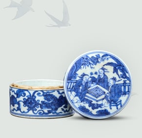 A Blue and White 'Auspicious Beasts and Figures' Covered Box