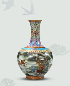 A Famille-Rose 'Pine and Deer with Poem' Vase