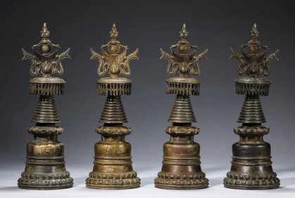 A Set of Tibetan Kadam-Style Alloy Bronze Stupas