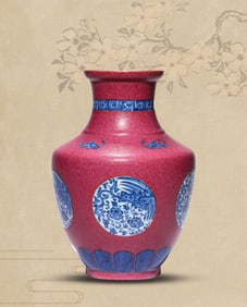 A Rose-Ground Guilloche 'Five Bats and Phoenix' Vase