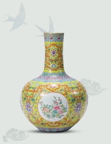 A Small Famille-Rose Yellow-Ground 'Reserved-Panel Floral' Globular Vase