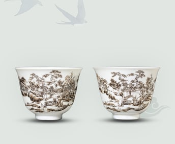 A Pair of Ink-Family 'Landscape with Figures' Cups