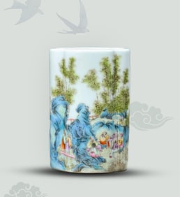 A Famille-Rose 'Seven Sages of Bamboo Grove with Poem' Brush Pot