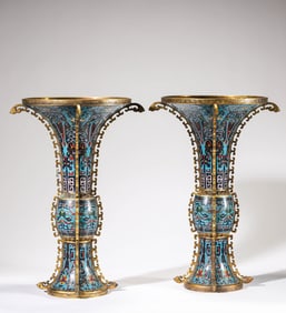 A Pair of Cloisonné 'Taotie' Gu-Form Vases