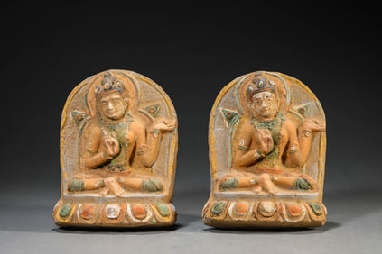A Pair of Tibetan Guge-Style Green Tara Tsatsa