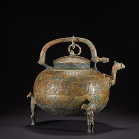 Chinese Bronze Carved Beast Face Pattern Bird Shape Handle Pot