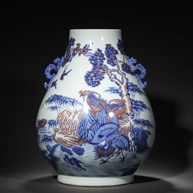 Blue and White Red Inglazed Flower and Phoenix Pattern Porcelain Double Chi Dragon Ears Zun
