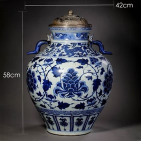 Blue and White Flower and Beast Pattern Porcelain Pot