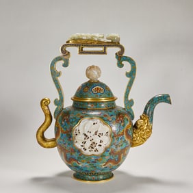Bronze Cloisonne Inlaid Jade Carved Flower Pattern Handle Pot